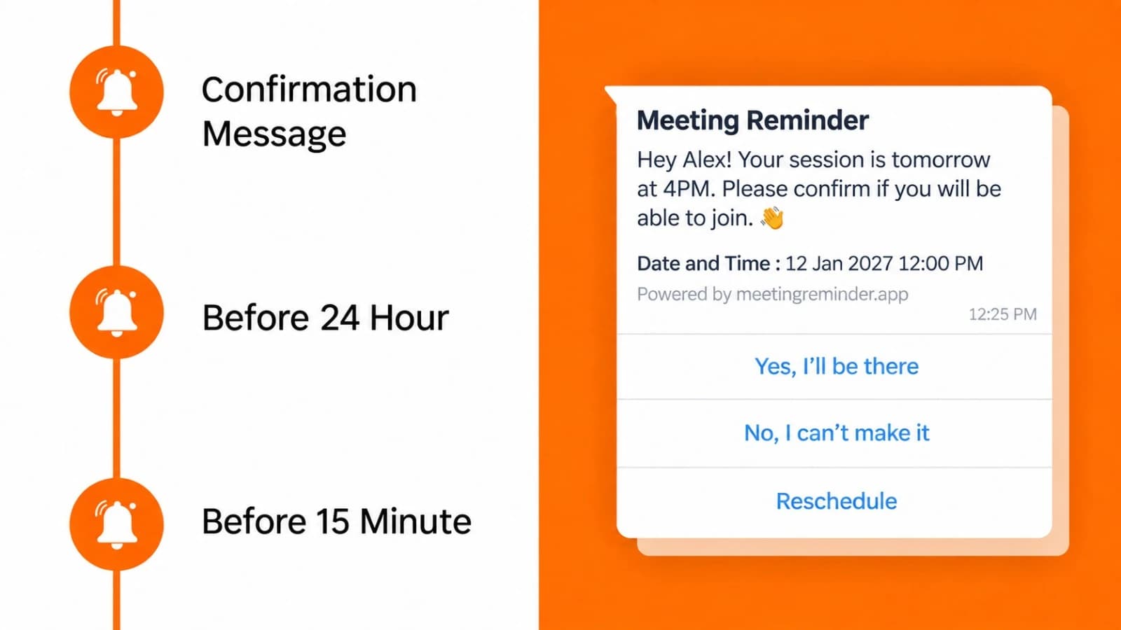 Automated WhatsApp reminder message with 1-tap confirmation
